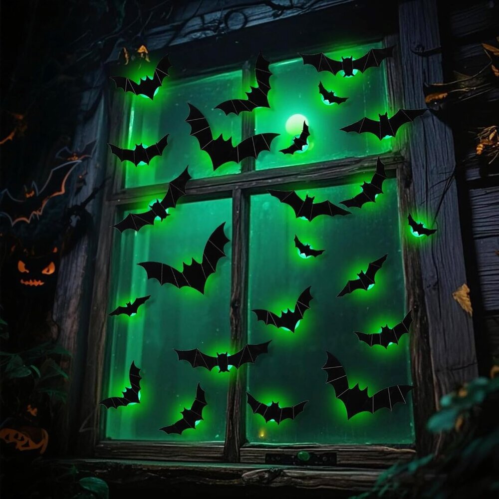 36 Pack Bats Halloween Decorations- Light Up Bat Wall Stickers with Green LED, 3 - Picture 2 of 7
